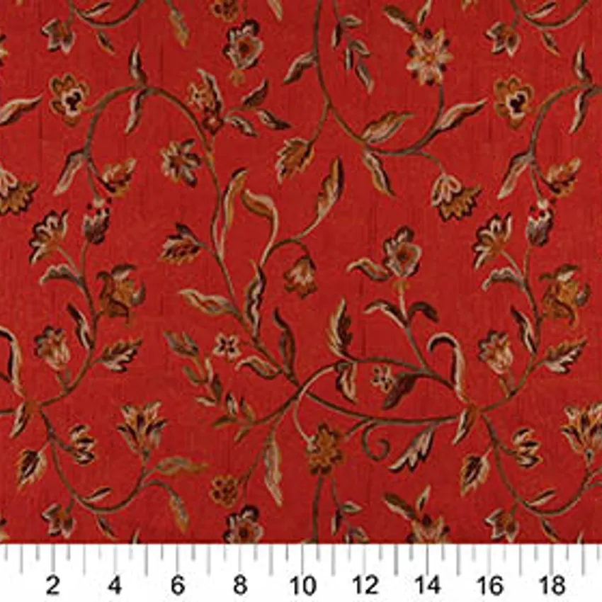 Brown and Red Vintage Large Floral Vine Brocade Upholstery Fabric — Scale in inches