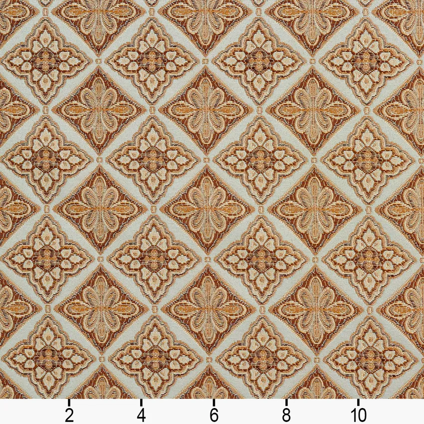 Azure Aqua and Beige Vintage Moorish Decorative Tile Brocade Upholstery Fabric — Scale in inches