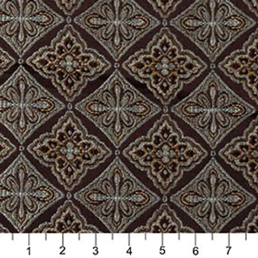 Midnight Beige and Brown Vintage Moorish Decorative Tile Brocade Upholstery Fabric — Scale in inches