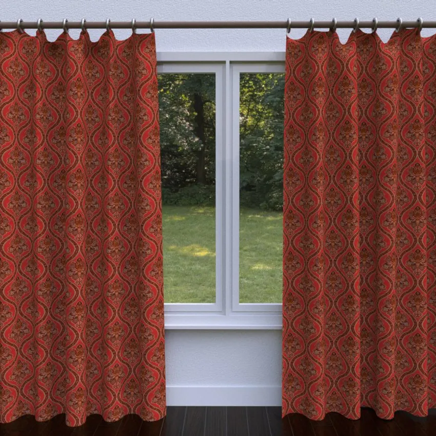 Regal Rouge Beige and Coral Antique Vintage Look Floral Brocade Upholstery Fabric — Fabric as drapery