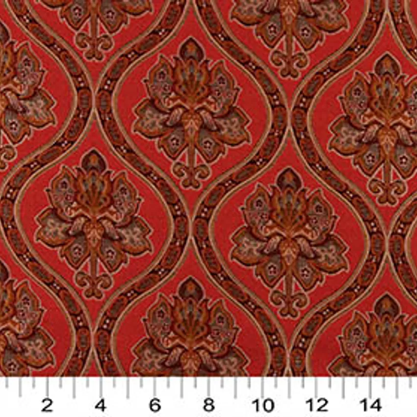 Regal Rouge Beige and Coral Antique Vintage Look Floral Brocade Upholstery Fabric — Scale in inches