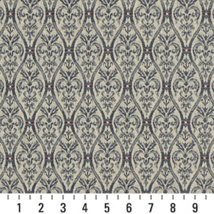 Cameo Beige and Blue Small Scale Damask Upholstery Fabric by the Yard — Scale in inches