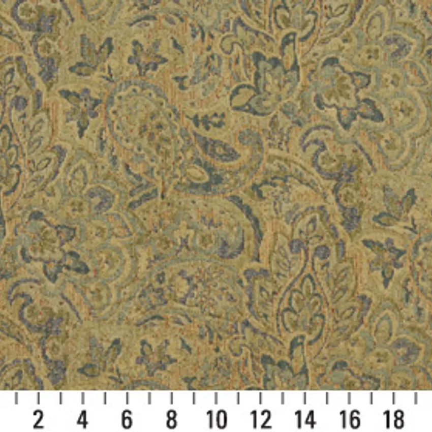 Willow Gold and Light Blue Floral Chenille Upholstery Fabric by the Yard — Scale in inches