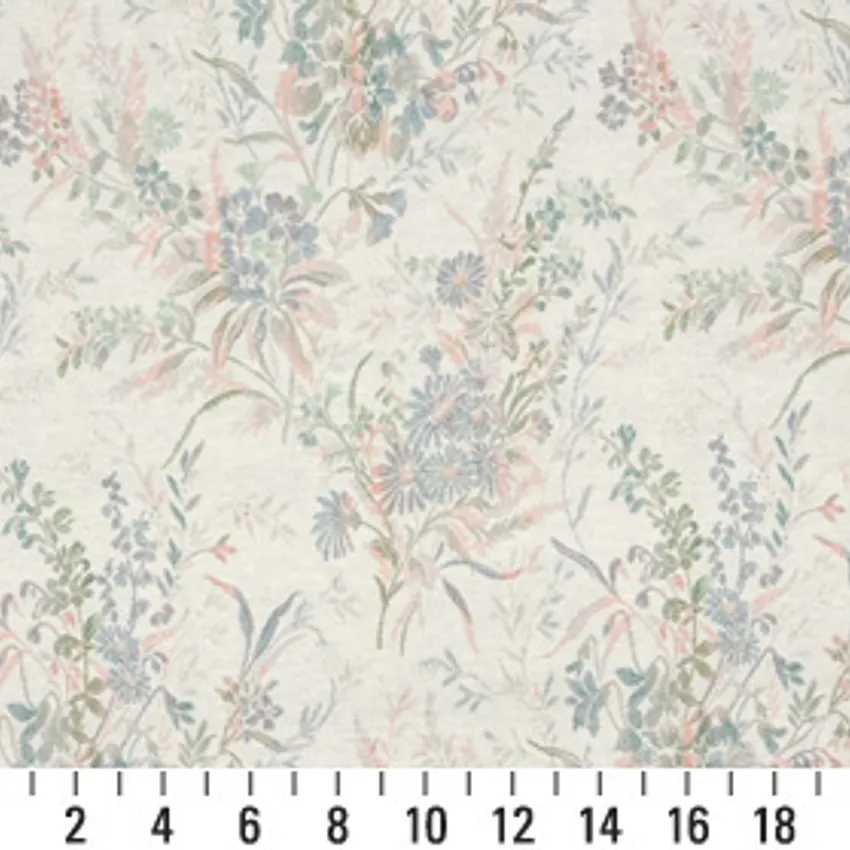 Meadow Coral and Light Blue Floral Damask Upholstery Fabric by the Yard — Scale in inches