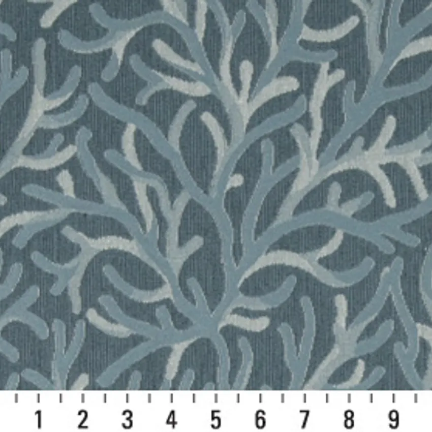 Wedgewood Meadow Dark Blue and Light Blue Foliage Brocade Upholstery Fabric by the Yard — Scale in inches
