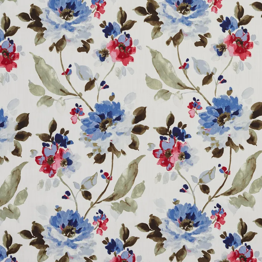 Burgundy Blue and Green Floral Print Linen Upholstery Fabric