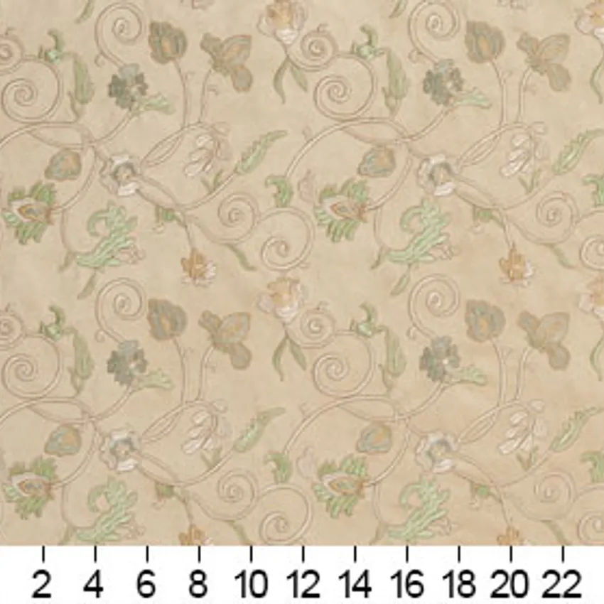 Linen Trellis Beige and White Floral Vine Microfiber Upholstery Fabric — Scale in inches