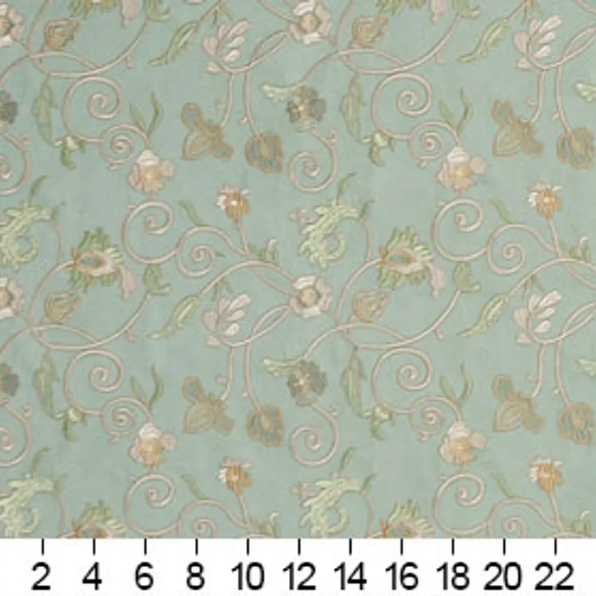 Jade and Light Green Floral Microfiber Upholstery Fabric — Scale in inches