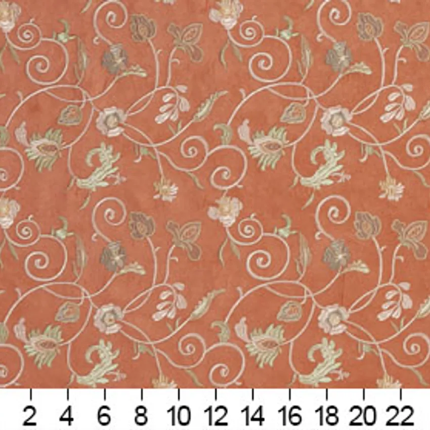 Apricot and Coral Floral Microfiber Upholstery Fabric — Scale in inches