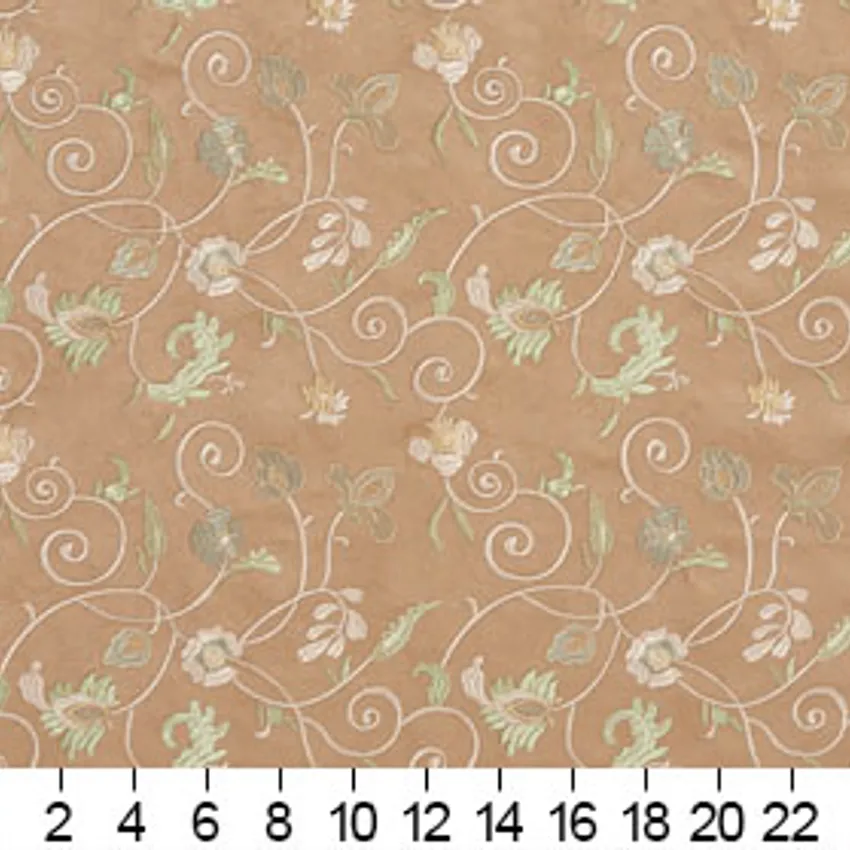 Mocha Beige and Brown Floral Microfiber Upholstery Fabric — Scale in inches