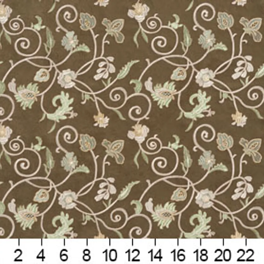 Cream and Dark Green Floral Microfiber Upholstery Fabric — Scale in inches