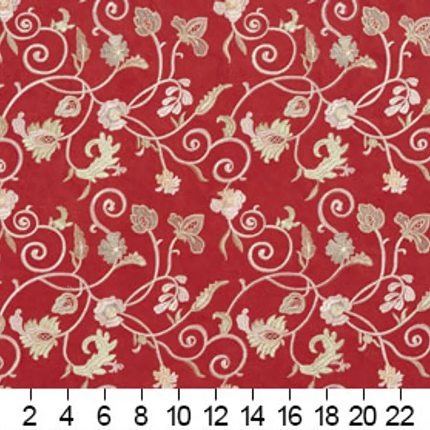 Burgundy and Cream Floral Microfiber Upholstery Fabric — Scale in inches