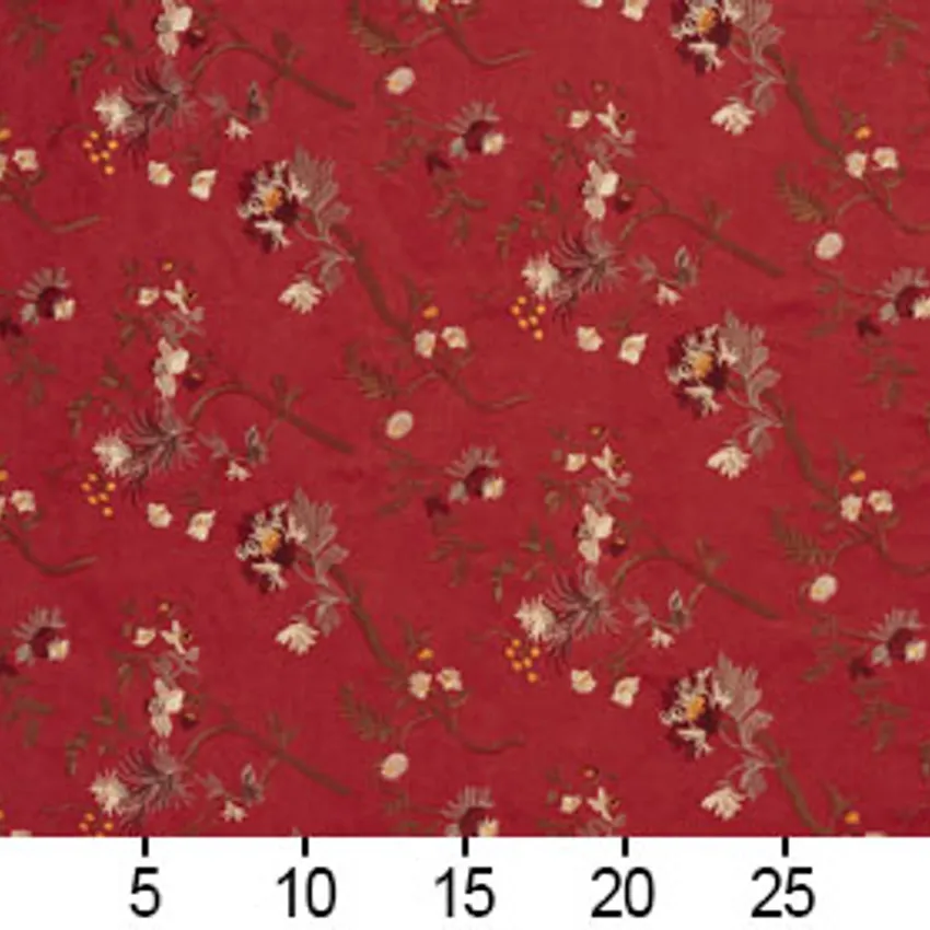 Red Burgundy Asian Floral Microfiber Upholstery Fabric — Scale in inches