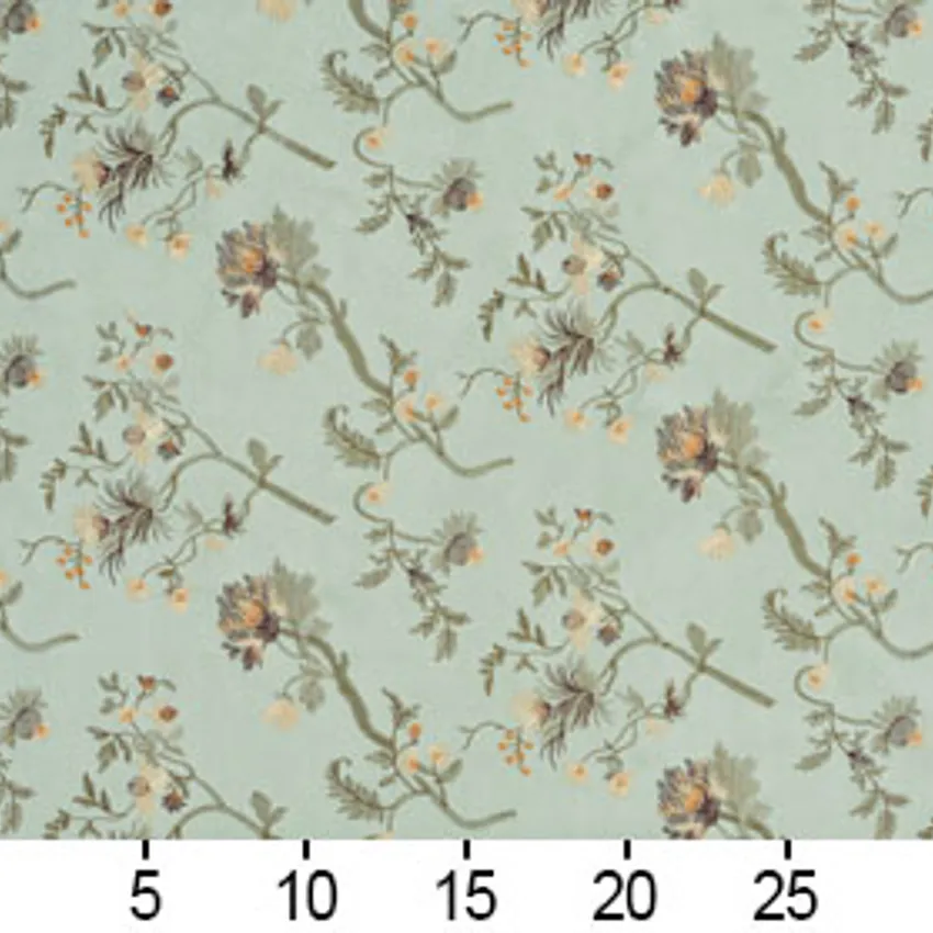 Jade and Light Green Asian Floral Microfiber Upholstery Fabric — Scale in inches