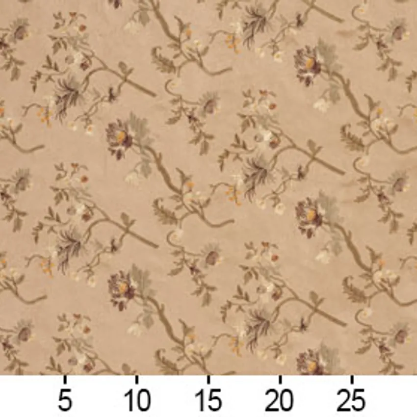 Mocha Beige and Brown Asian Floral Microfiber Upholstery Fabric — Scale in inches