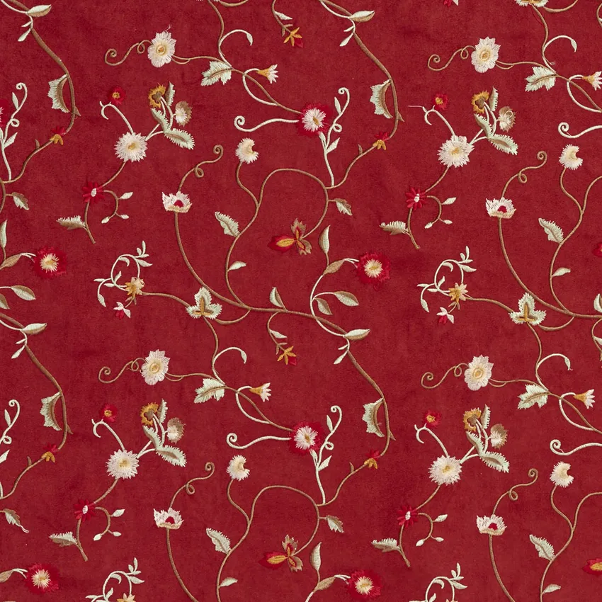Red Burgundy and White  Small Scale Floral Vines Floral Microfiber Upholstery Fabric