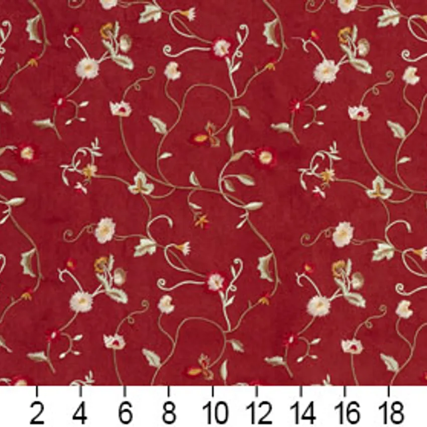 Red Burgundy and White  Small Scale Floral Vines Floral Microfiber Upholstery Fabric — Scale in inches