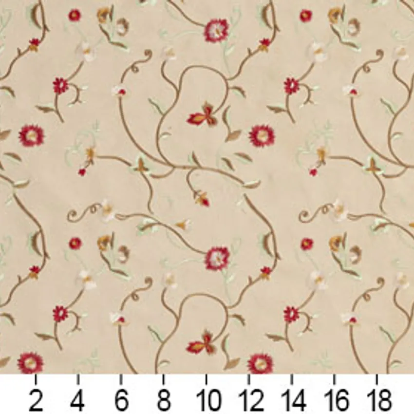 Linen  Beige and White Small Scale Floral Vines Floral Microfiber Upholstery Fabric — Scale in inches
