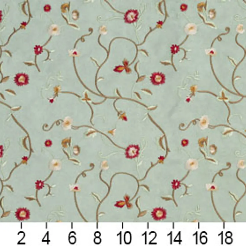 Jade and Light Green Small Scale Floral Vine Microfiber Upholstery Fabric — Scale in inches