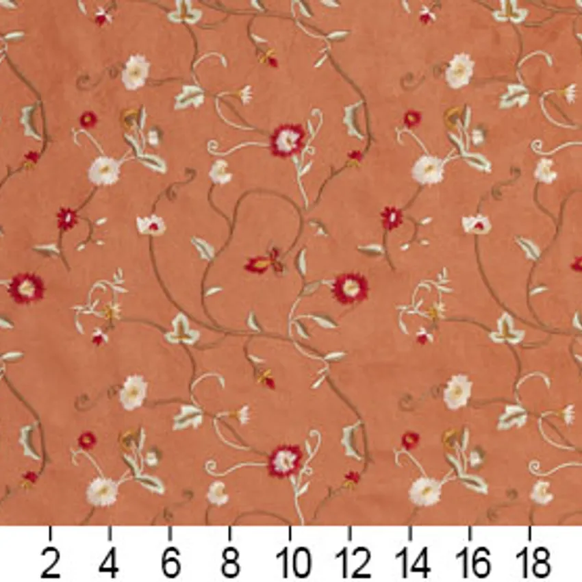 Apricot Coral and White Small Scale Floral Vine Microfiber Upholstery Fabric — Scale in inches
