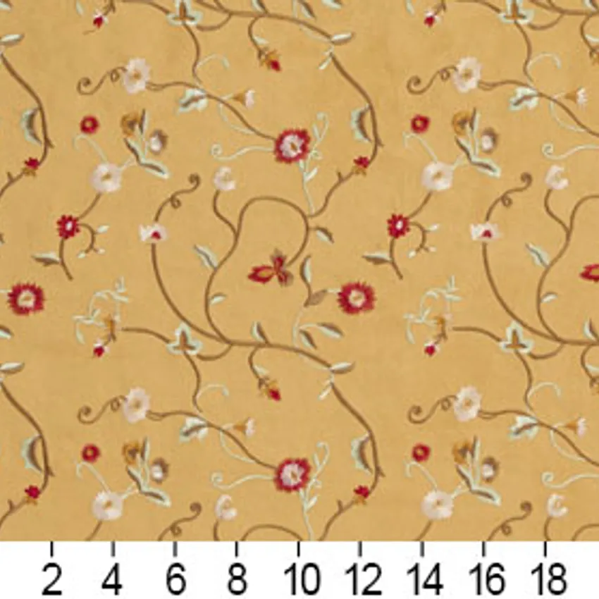 Gold and Brown Small Scale Floral Vine Microfiber Upholstery Fabric — Scale in inches