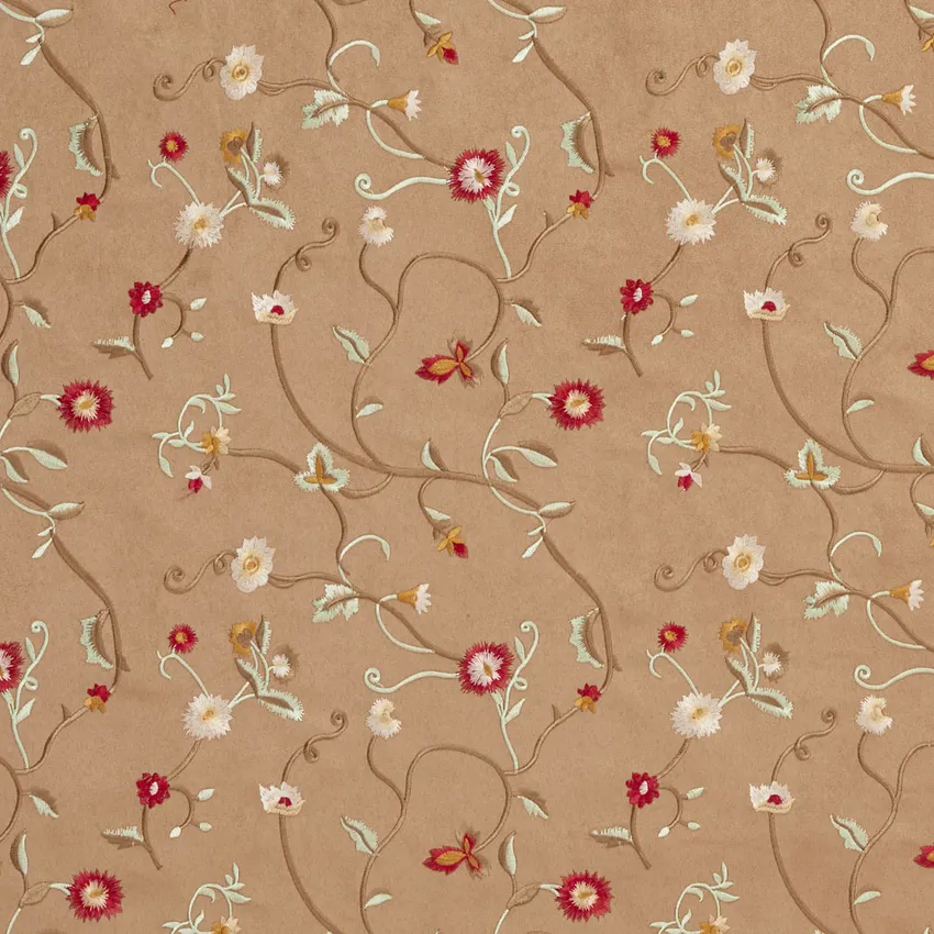 White and Tan Brown Small Scale Floral Vine Microfiber Upholstery Fabric
