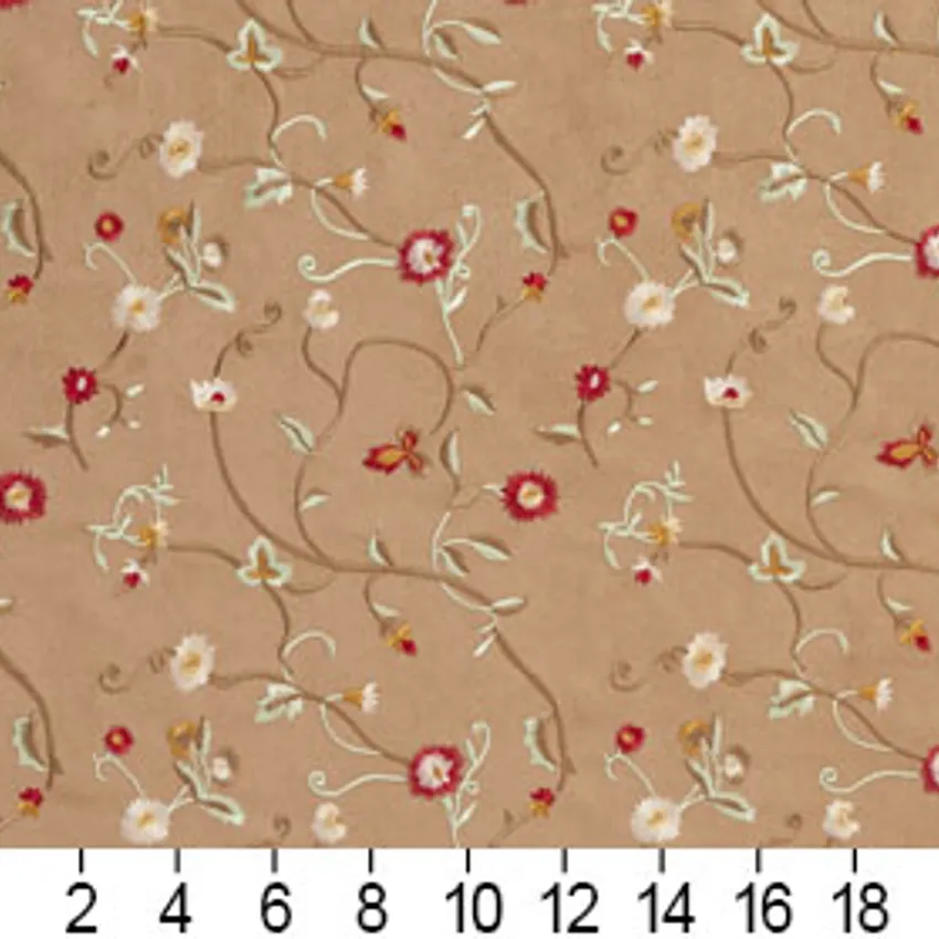 White and Tan Brown Small Scale Floral Vine Microfiber Upholstery Fabric — Scale in inches