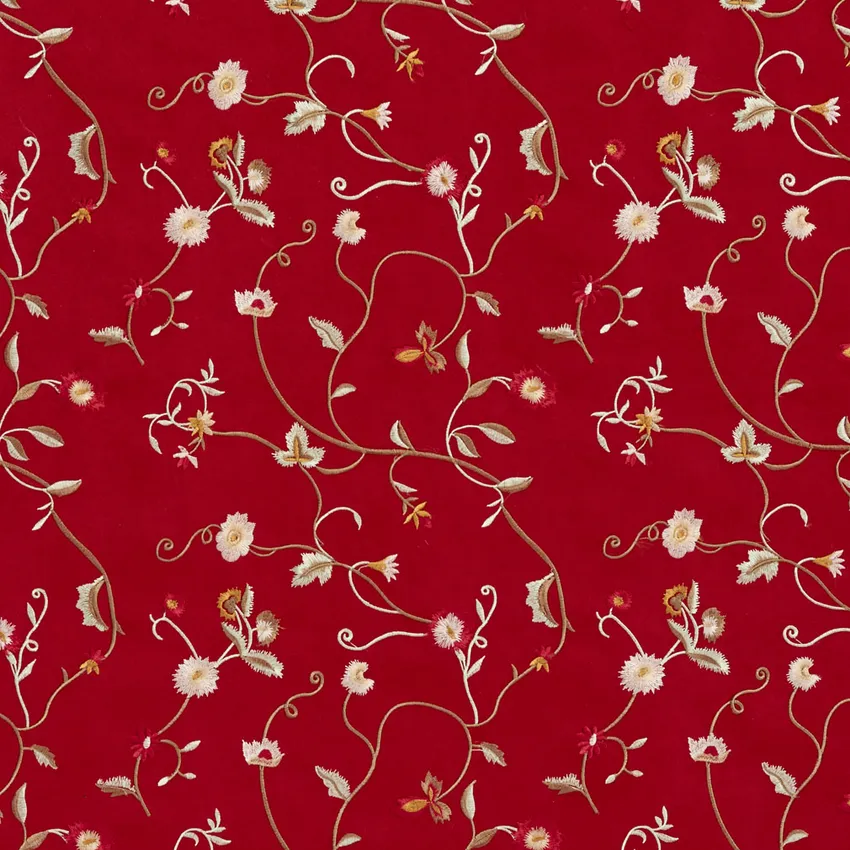 Red Burgundy and White Small Scale Floral Vines Floral Microfiber Upholstery Fabric
