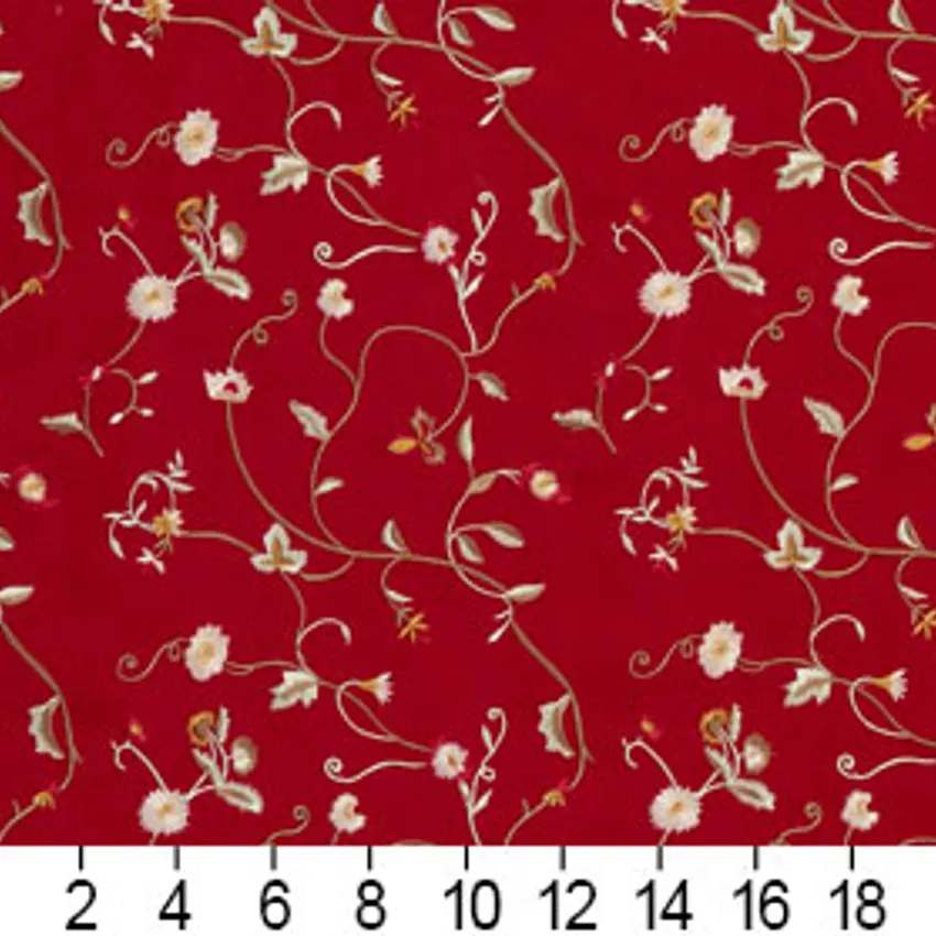 Red Burgundy and White Small Scale Floral Vines Floral Microfiber Upholstery Fabric — Scale in inches