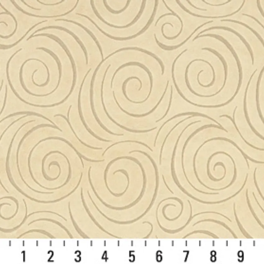 Cream White Abstract Swirls Microfiber Upholstery Fabric — Scale in inches