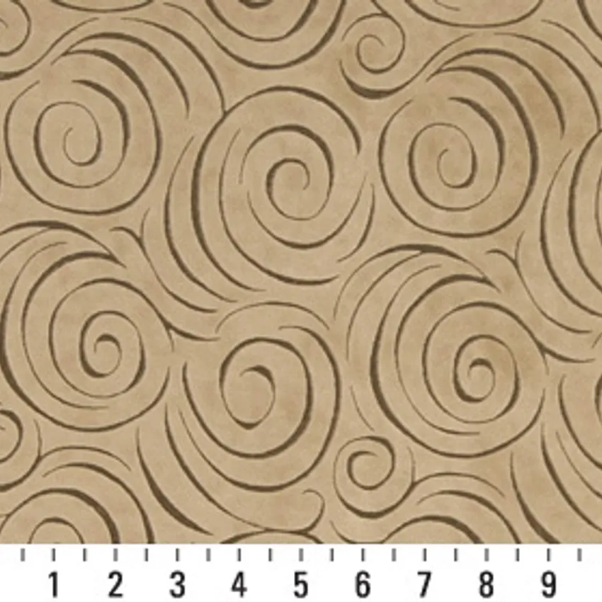 Camel Beige Abstract Swirls Microfiber Upholstery Fabric — Scale in inches
