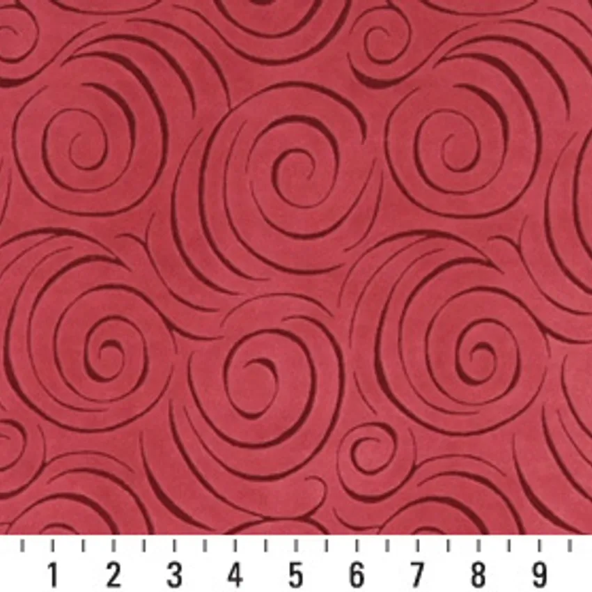 Crimson Burgundy Abstract Swirls Microfiber Upholstery Fabric — Scale in inches