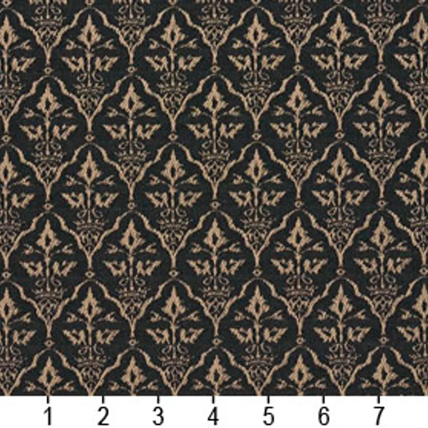 Onyx Beige and Black Cameo Pattern Damask Upholstery Fabric — Scale in inches