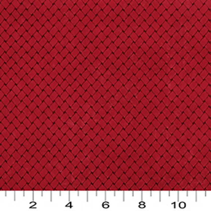 Ruby Red Trellis Basket Weave Pattern Microfiber Upholstery Fabric — Scale in inches