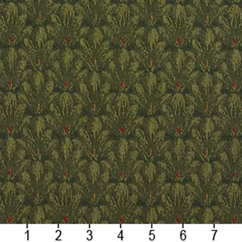 Dark Green Small Scale Brush Floral Damask Upholstery Fabric — Scale in inches