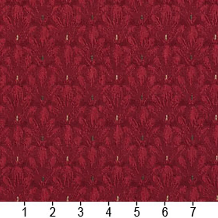 Red Burgundy Small Scale Brush Floral Damask Upholstery Fabric — Scale in inches