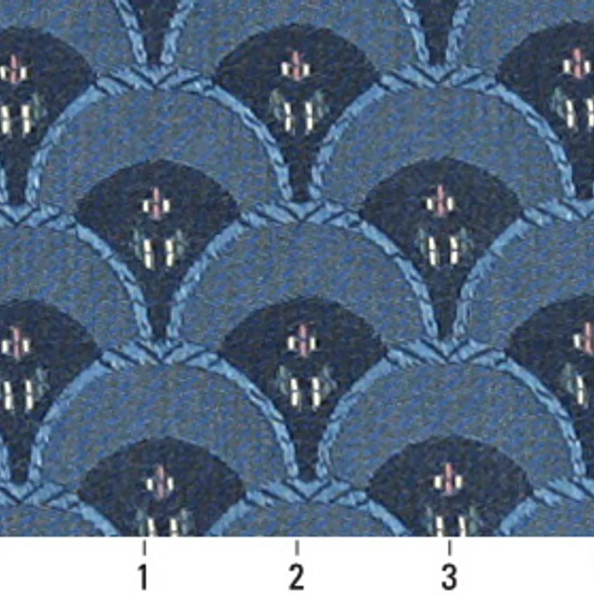 Navy Dark Blue Small Scale Fan Damask Upholstery Fabric — Scale in inches
