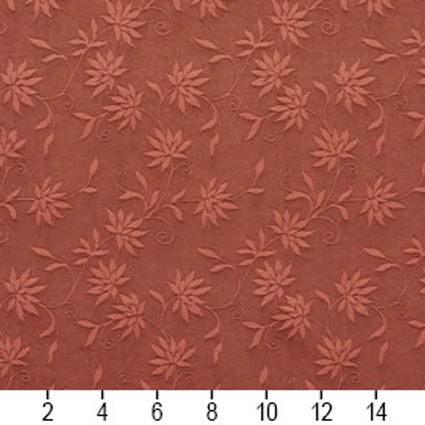 Orange Coral Floral Accent Silk Look Damask Upholstery Fabric — Scale in inches