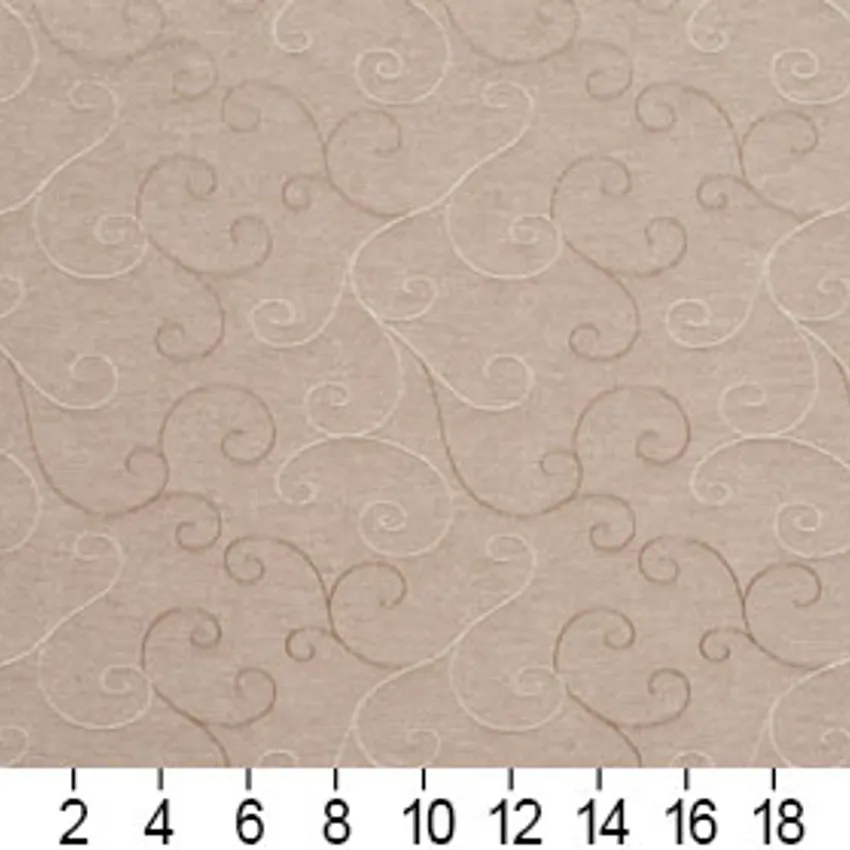 Latte Beige and brown Scroll Damask Upholstery Fabric — Scale in inches