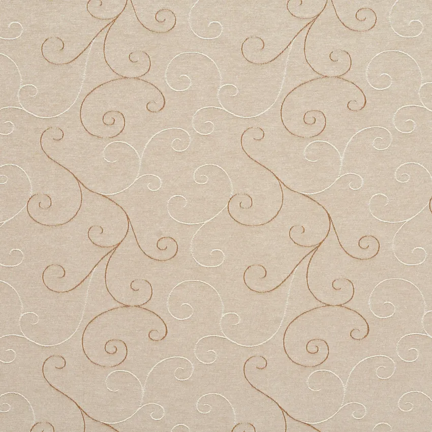 Tan Beige and White Scroll Damask Upholstery Fabric