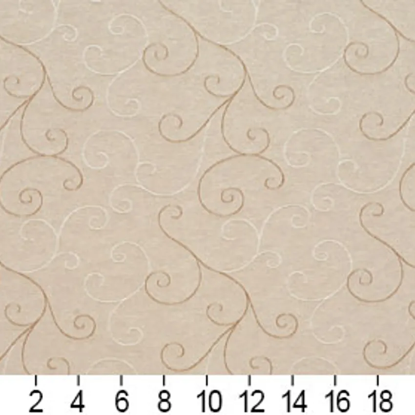 Tan Beige and White Scroll Damask Upholstery Fabric — Scale in inches