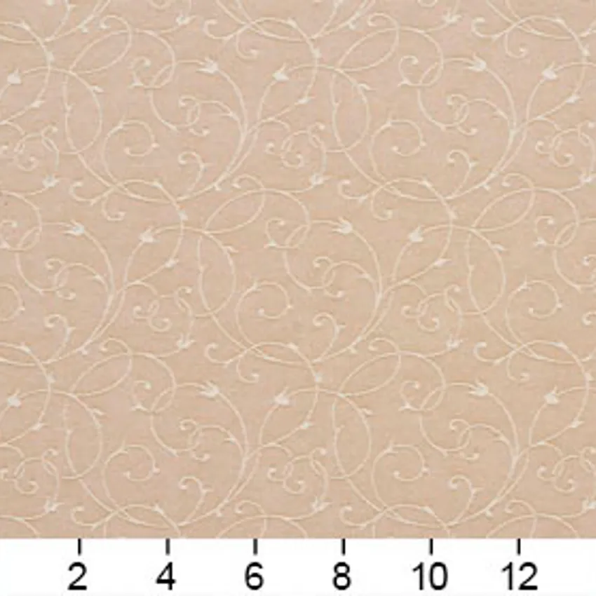 Cream Beige Classic Thin Scroll  Damask Upholstery Fabric — Scale in inches