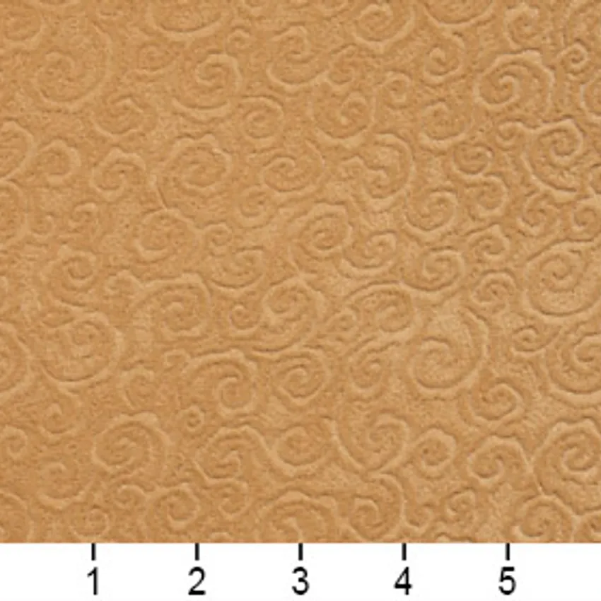 Camel Beige Small Abstract Scroll Microfiber Velvet Upholstery Fabric — Scale in inches