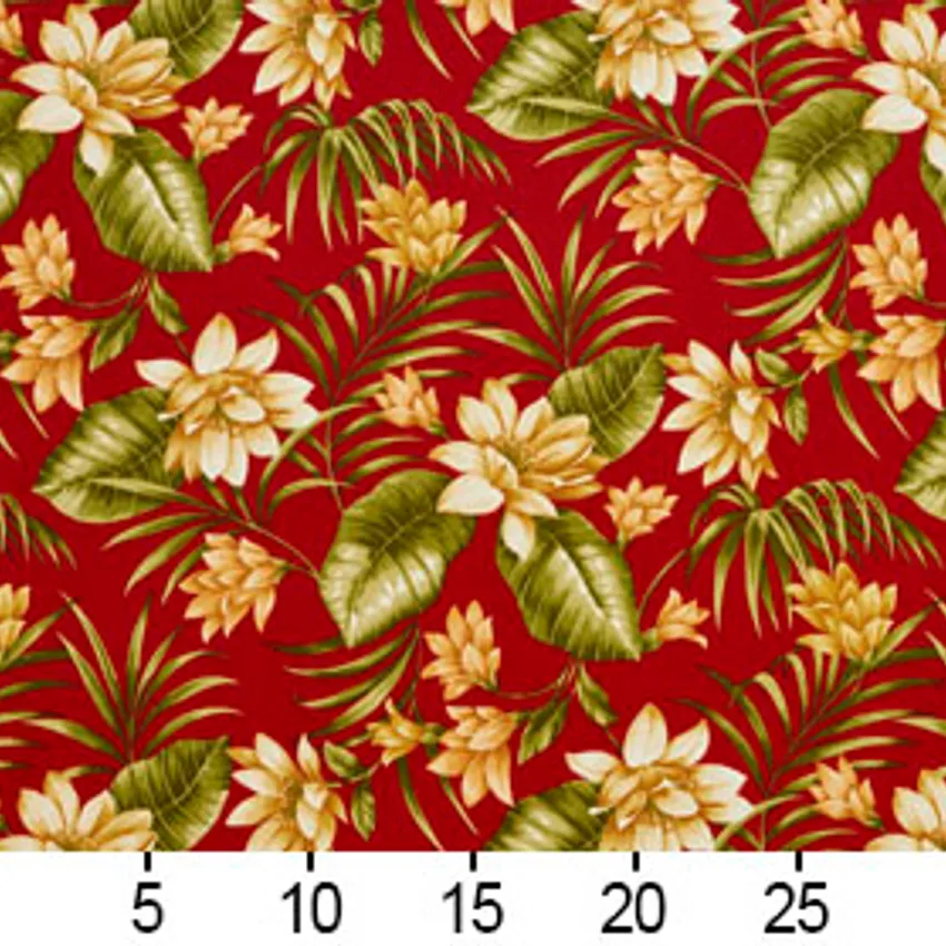 Beige and Burgundy Hawaii Large Tropical Flower Upholstery Fabric — Scale in inches