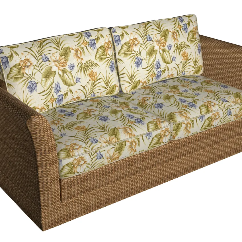 Maui Beige and Blue Hawaii Large Tropical Flower Upholstery Fabric — Fabric on furniture