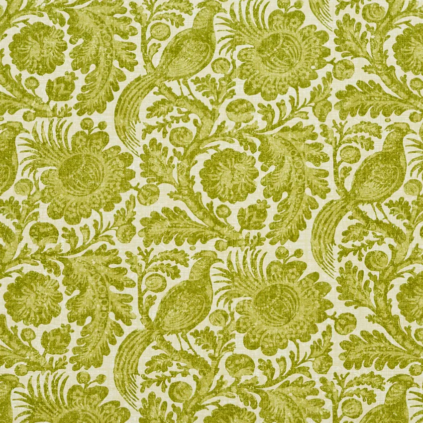 Spring Green Large Foliage Bird Flower Motif Upholstery Fabric
