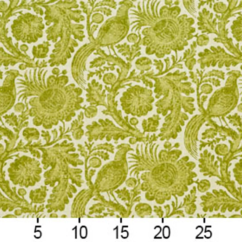 Spring Green Large Foliage Bird Flower Motif Upholstery Fabric — Scale in inches