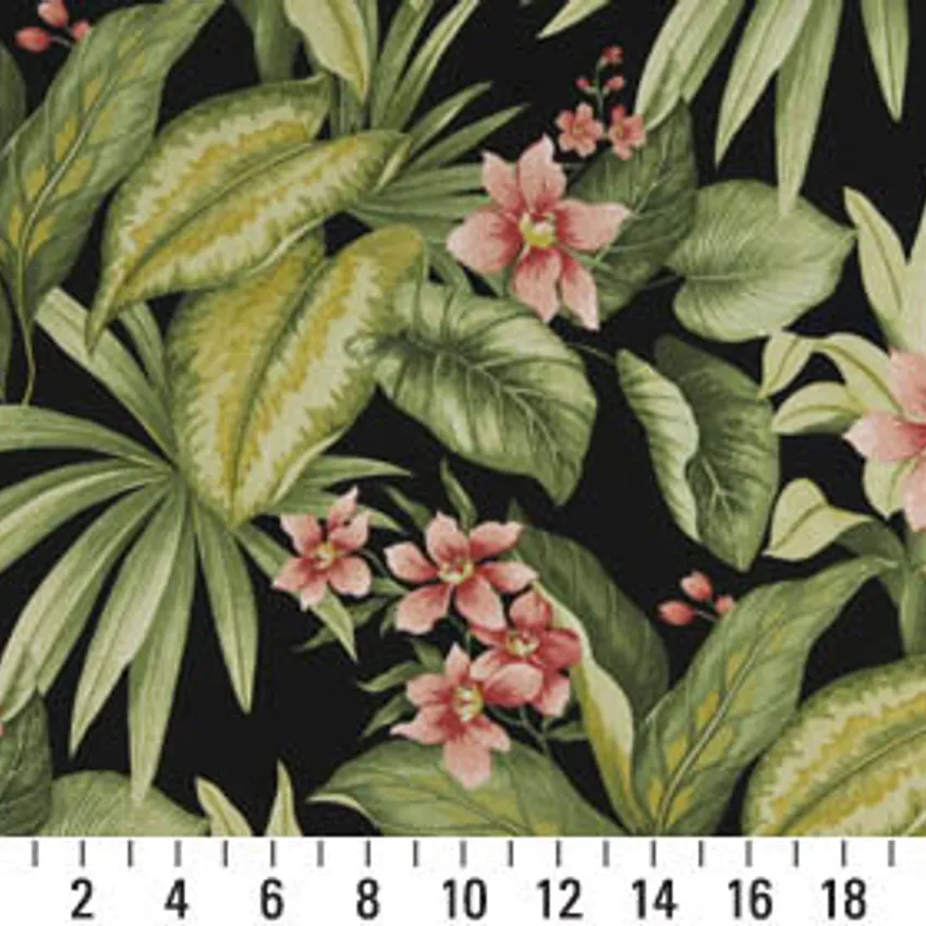 Black Green and Pink Large Tropical Flower Upholstery Fabric — Scale in inches