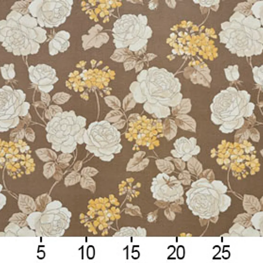 Beige and Gold Large Rose Floral Print Upholstery Fabric — Scale in inches