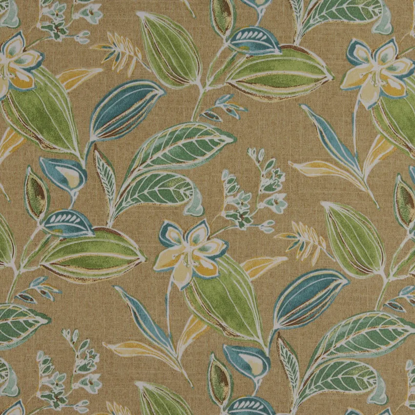 Aqua Green and Beige Large Tropical Flower Print Upholstery Fabric